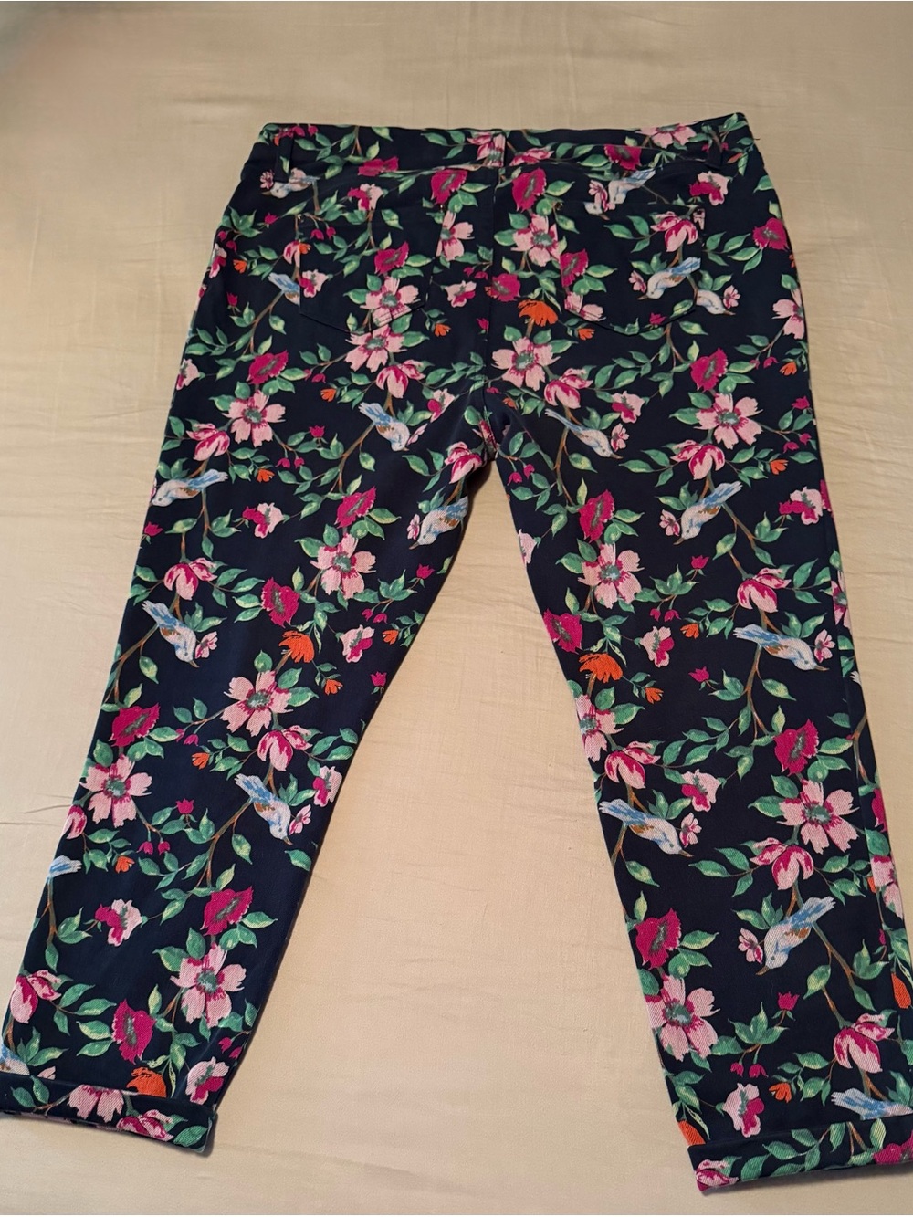 Time and Tru Floral Capri Jeans in Navy with Pink & Green